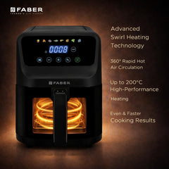 Faber 6L 1500W Digital Air Fryer | Fry, Bake, Roast | 85% Less Oil, 200°C Swirl Heating Technology |8-Preset Menu|View W