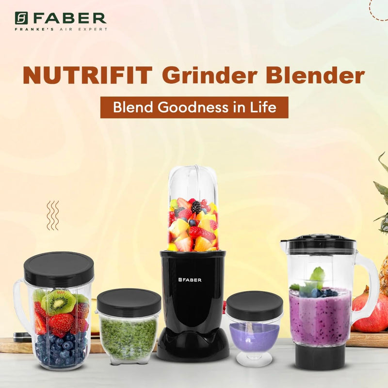 Faber 550W Sportz Blender FSB 5-in-1 Nutrifit Nero|100% Copper Motor|Detachable SS Blade|5 PC Jars 1L+500ML+500ML Mug+30