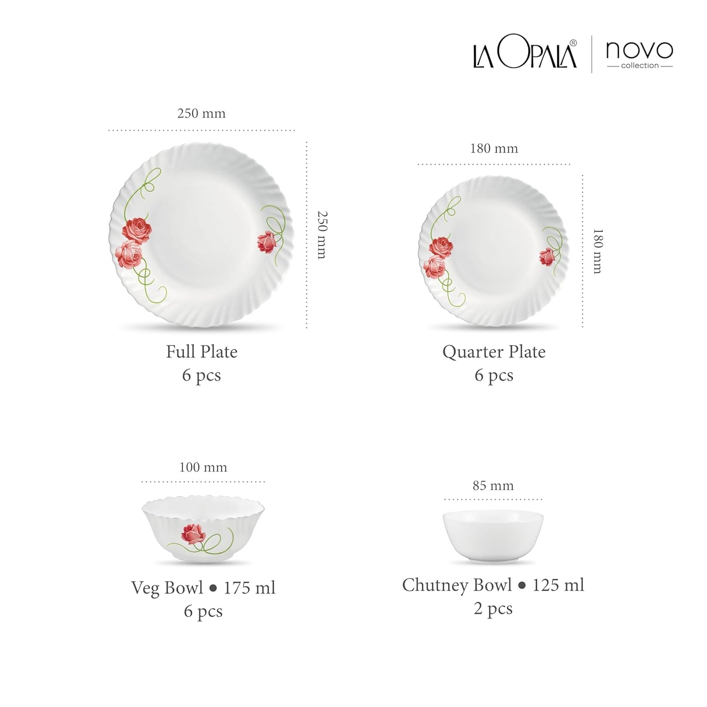 La Opala Novo Collection Opal Glass Crockery | for Family of 6 | Dinner Set 20 pcs Dainty Swirls | Plates & Bowls for Dining | Microwave Safe | 100% Vegetarian | Extra Strong | Light & White