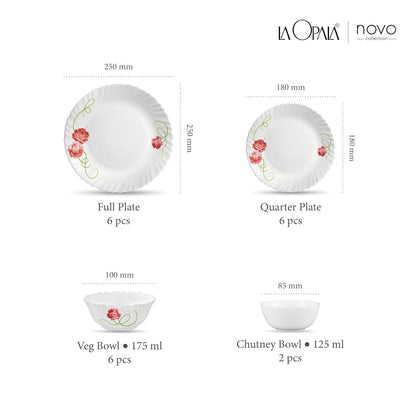 La Opala Novo Collection Opal Glass Crockery | for Family of 6 | Dinner Set 20 pcs Dainty Swirls | Plates & Bowls for Dining | Microwave Safe | 100% Vegetarian | Extra Strong | Light & White