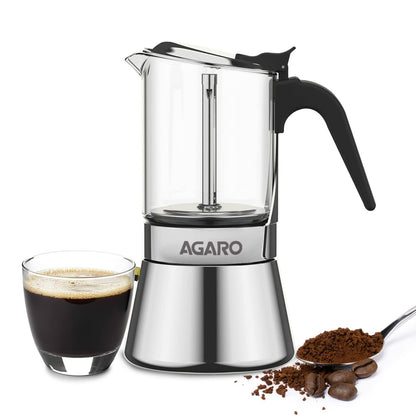 AGARO Classic Moka Pot, Stovetop, Espresso Coffee Maker, 240 Ml, Premium Aluminium Built, Italian Style Mocha, Cuban Café Brewing, Black