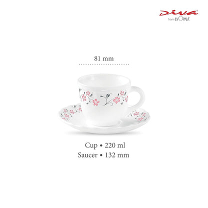 La Opala Diva, Opal Glass Crockery | Cup & Saucer Tulip Large, Set of 12 | Grace Red, 220 ml | for Tea & Coffee | Microwave Safe | 100% Vegetarian | Extra Strong | Super Light | Super White