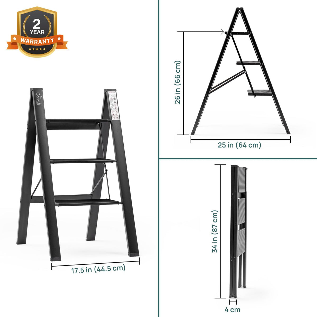 Corvids 3-Steps Premium Folding Step Stool with Wide Anti-Slip Pedal, Portable Lightweight Aluminum Step Ladder for Home and Office Use (Black)