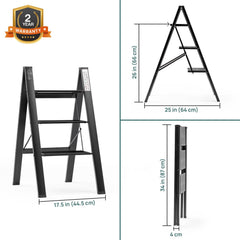 Corvids 3-Steps Premium Folding Step Stool with Wide Anti-Slip Pedal, Portable Lightweight Aluminum Step Ladder for Home and Office Use (Black)