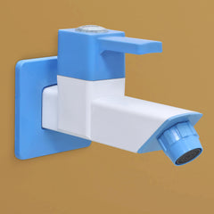 Plantex PTMT ES-111 Bib Cock Polished Water Tap For Bathroom With Water Saving Aerator/Bib Tap With Teflon Tape And Plastic Wall Flange (Blue & White)-1