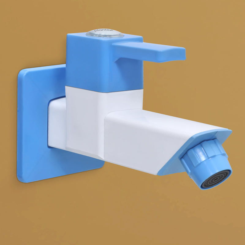Plantex PTMT ES-111 Bib Cock Polished Water Tap For Bathroom With Water Saving Aerator/Bib Tap With Teflon Tape And Plastic Wall Flange (Blue & White)-1