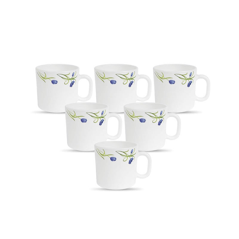 La Opala Diva, Pearl Collection Opal Glass Crockery | Coffee Mug Regular, Set of 6 | Turquoise Trims, 190 ml | for Tea & Coffee | Microwave Safe | 100% Vegetarian | Extra Strong | Super Light & White
