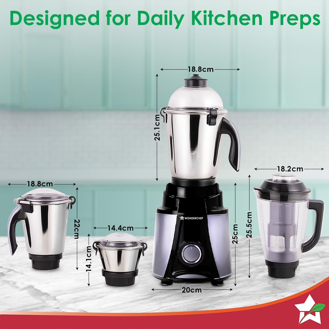 Wonderchef Galaxy Mixer Grinder 1000 W 100% Copper Motor, 4 Stainless Steel Jars, Black & Grey, 5 Years Warranty