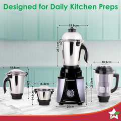 Wonderchef Galaxy Mixer Grinder 1000 W 100% Copper Motor, 4 Stainless Steel Jars, Black & Grey, 5 Years Warranty