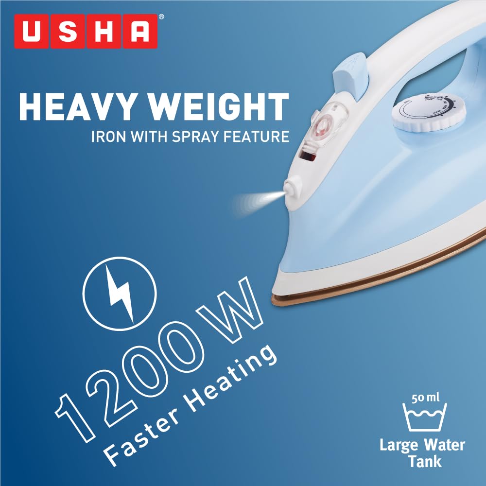 Usha Goliath Spray Tech 1200Watt Dry Iron with Water Spray Feature | Double Coated Golden Non Stick Soleplate for Longer Durability | 360° Swivel Cord | 2 Years Warranty | (Blue & White)