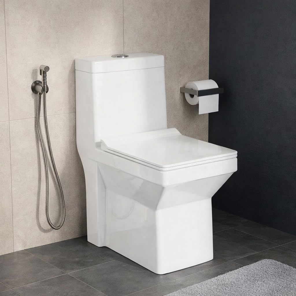 PRO HOME Classic One-Piece Ceramic Toilet – Western Style Floor Mounted Commode with Soft Close Seat, Ideal for Homes, Apartments, and Commercial Spaces (White, Large)