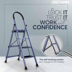 PROHOME Steel Ladder for Home 4 Steps Foldable with Anti-Skid Wide Steps (30cm x 20cm) | 4 Step Ladder for Home Use with D-Shape Rods | Secure Lock | 150 Kg Capacity Folding Ladder | 5 Year Warranty