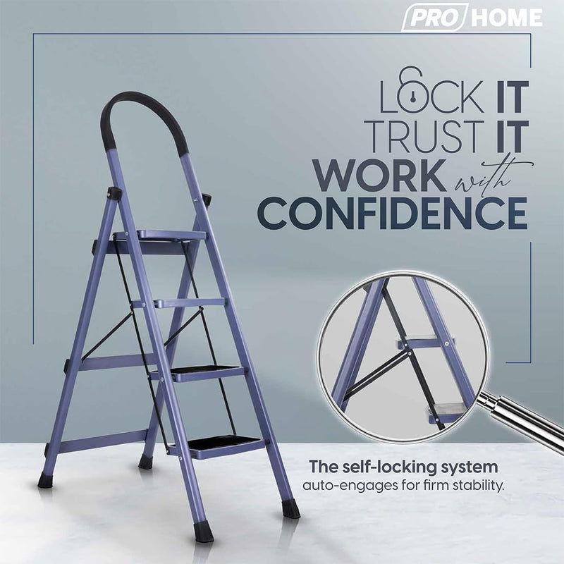 PROHOME Steel Ladder for Home 4 Steps Foldable with Anti-Skid Wide Steps (30cm x 20cm) | 4 Step Ladder for Home Use with D-Shape Rods | Secure Lock | 150 Kg Capacity Folding Ladder | 5 Year Warranty