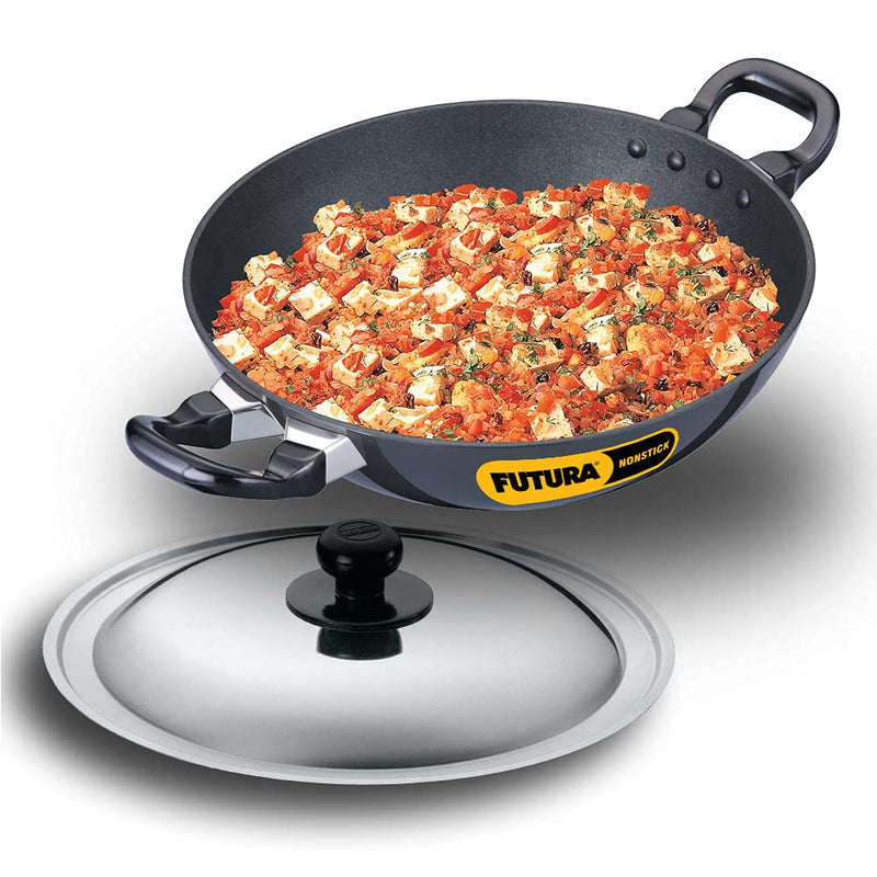 Hawkins Futura 1.5 Litre Deep Fry Pan, Non Stick Kadai with Stainless Steel Lid, Round Bottom Kadhai, Small Non Stick Kadai, Black (NK15S)