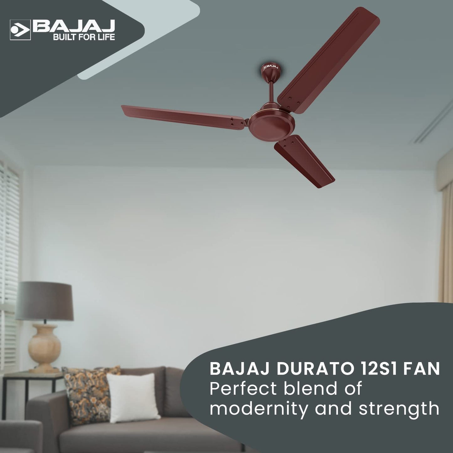 Bajaj Durato 12S1 1200MM (48") Ceiling Fans For Home | Bee Star Rated Energy Efficient Ceiling Fan | ThermaTuff Technology | High Air Delivery & High Speed 400 RPM | 3-Yrs Warranty 【Brown】