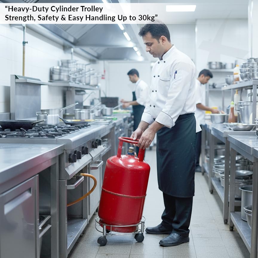 Plantex Gas Cylinder Trolley with Wheels/Stainless Steel LPG Cylinder Stand/Heavy Duty Rolling Gas Stand with Easy Movement Kitchen Lpg Trolley (Chrome, Pack of 1)-4