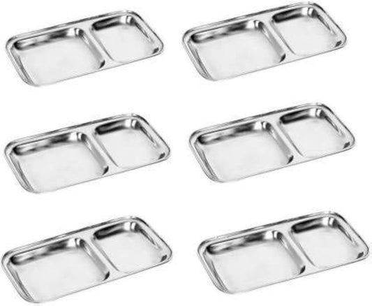 Dynore Stainless Steel 2 in 1 Two Compartment Nasta/Snacks/Plate/Partition Plate- Set of 6