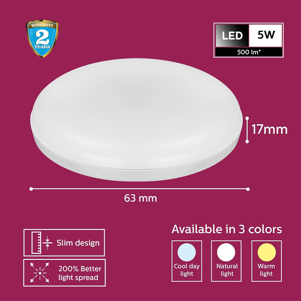 Philips Polycarbonate Rimless Full Glow 5-watt Round LED Surface Downlighter (Pack of 4)