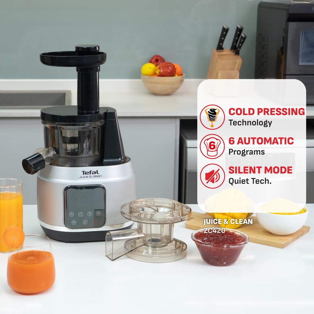 Tefal Juice & Clean slow juicer, Fruit and Vegetable Juice Extractor, Vitamin Juice, Cold Press, 150 W, 42 to 70 RPM, Fresh Fruit Juice, Jam, Sorbet, Automatic Cleaning 2 years warranty