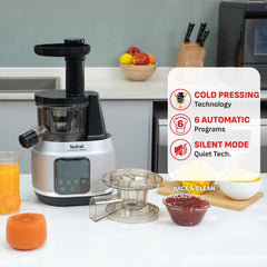 Tefal Juice & Clean slow juicer, Fruit and Vegetable Juice Extractor, Vitamin Juice, Cold Press, 150 W, 42 to 70 RPM, Fresh Fruit Juice, Jam, Sorbet, Automatic Cleaning 2 years warranty