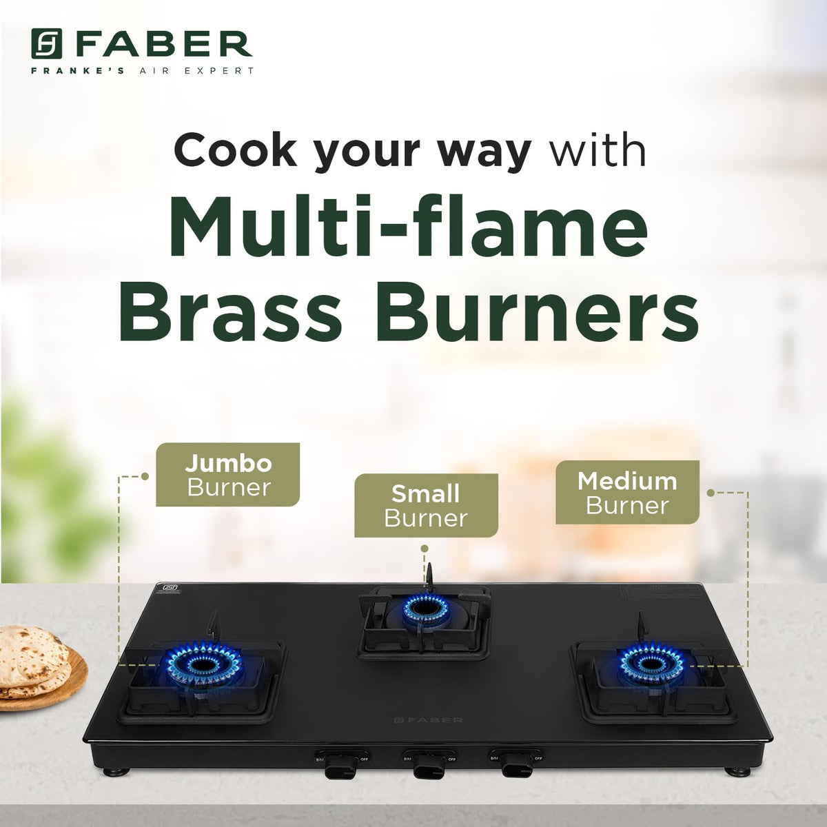 Faber 3 Burner 77Cm Cooktop |Auto Ignition| |Metal Knobs| MS Diamond Coated Pan Support | Matt Black Glass Finish |5 Yrs