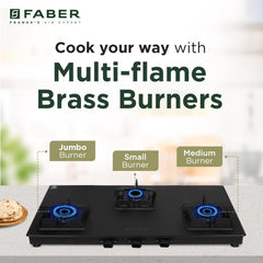 Faber Blossom Black Matt Glass Finish Cooktop|3 Brass Burners-Jumbo, Medium & Small |Manual Ignition|Heavy Pan Support W