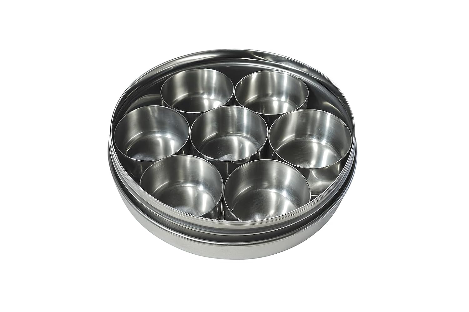 Dynore Stainless Steel Round Pooja Box - Mandir Roli, Chawal,Chandan, Kumkum Puja Mandir Box, Dibbi with 7 Containers- Set of 2
