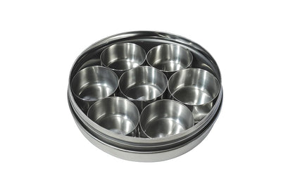 Dynore Stainless Steel Round Pooja Box - Mandir Roli, Chawal,Chandan, Kumkum Puja Mandir Box, Dibbi with 7 Containers- Set of 2