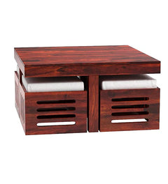 Sheesham Wood Square Coffee Table for Living Room | Wooden Center Table | with 4 Stools | Cream Cushi