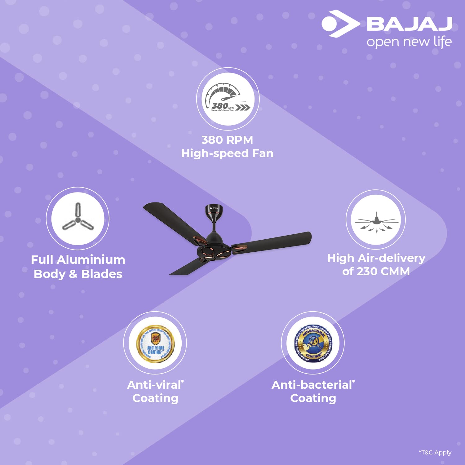 Bajaj Novella 1200MM Ceiling Fan for Home | Anti-Viral & Anti-Bacterial Coating | High Air Delivery | 2-Yrs Warranty 【Elegant Brown】