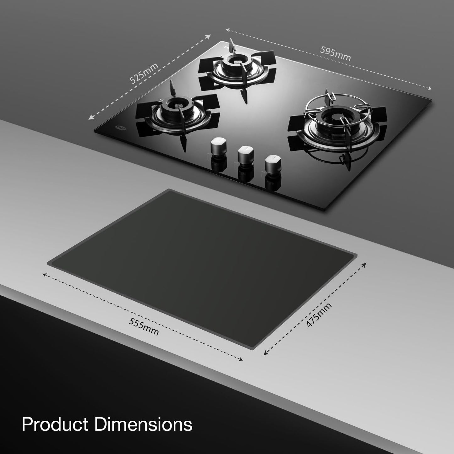 KAFF HBR 603 Built-in Hob/Hobtop 3 Burners, Auto Electric Ignition Glass Top, 60 CM, Powerful Brass Burners, 8 MM Thick Toughened Glass, Enamelled Matt Grills (Black)