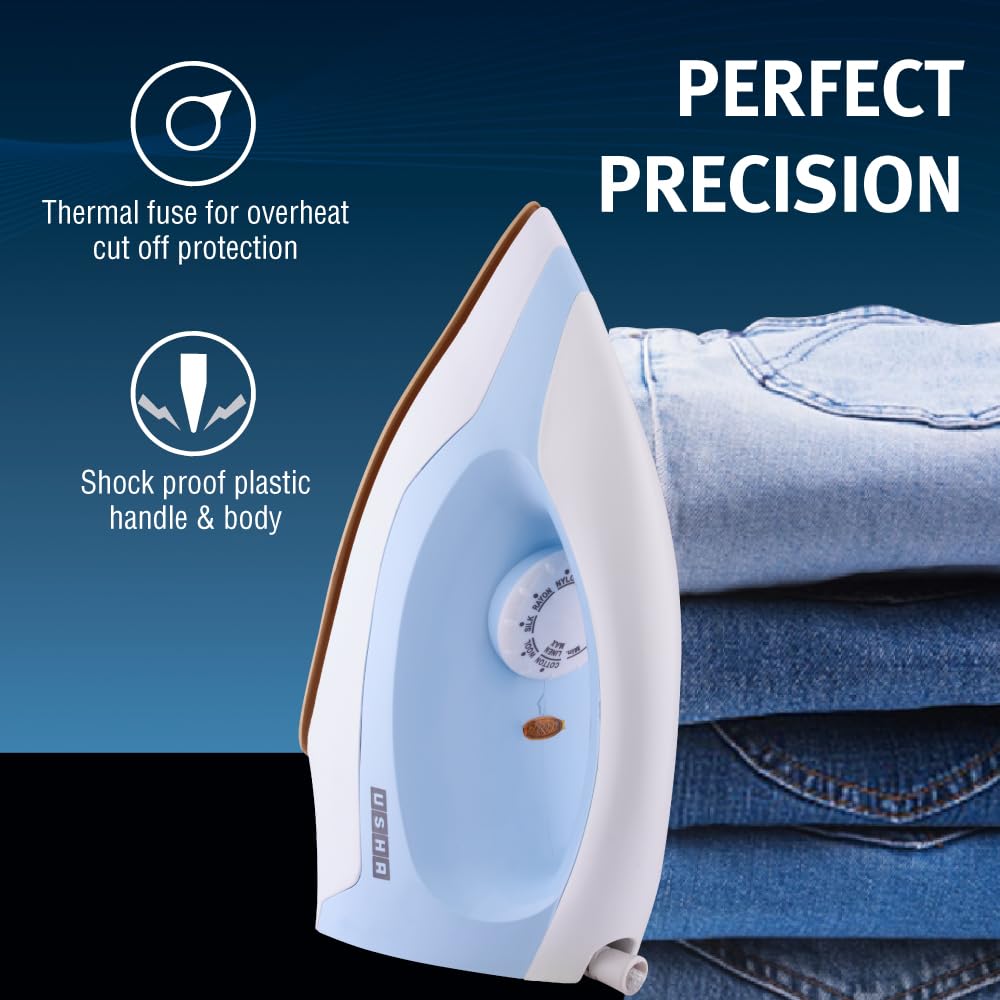 USHA EI 3802 1000W Dry Iron with Double Coat Golden Weilburger Soleplate, 180° Swivel Cord, Easy Fabric Selector & Overheat Protection (Blue/White)
