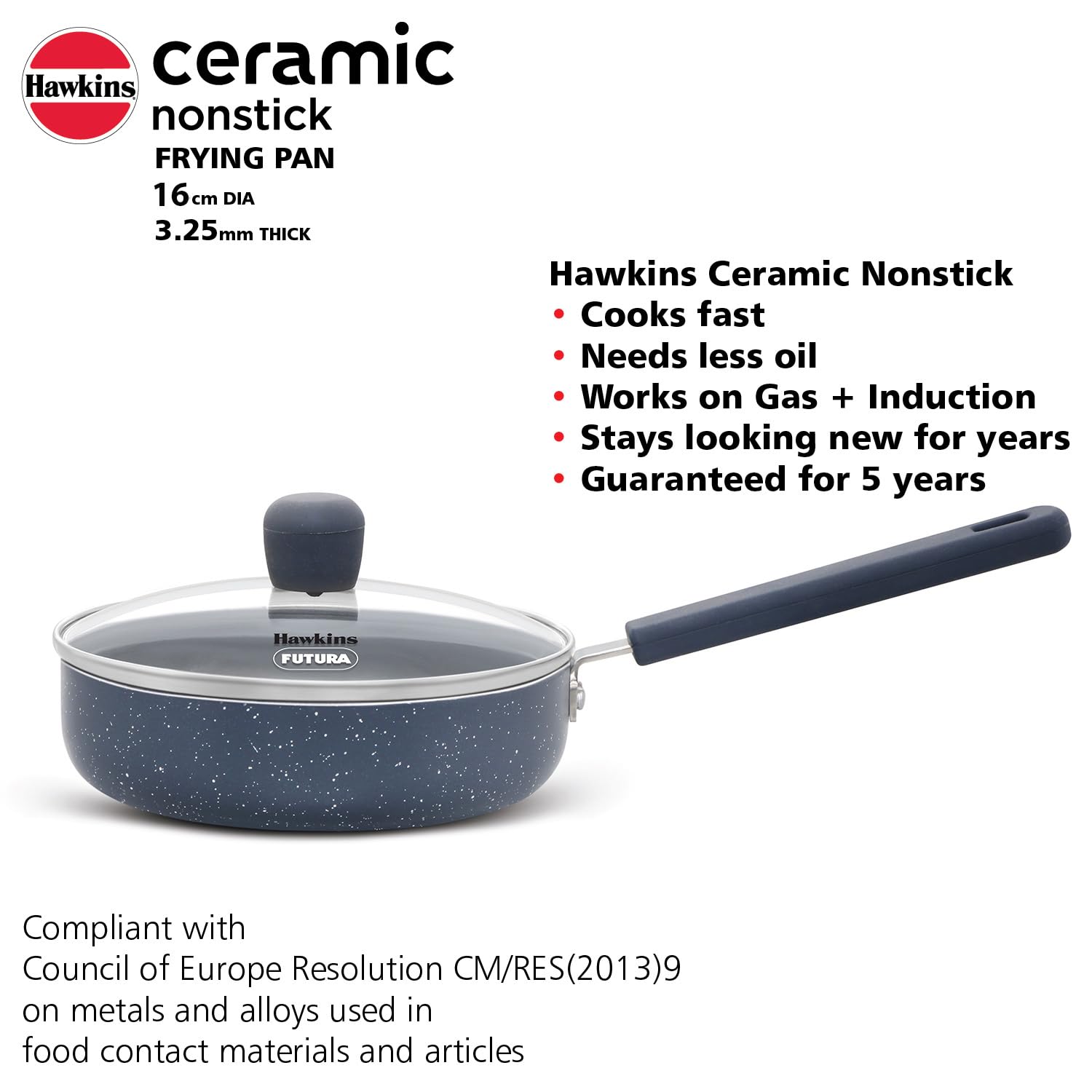 Hawkins Ceramic Nonstick Fry Pan, 16 cm Diameter, Induction Fry Pan with Glass Lid, Granite Omlette Egg Pan, (ICF16G)