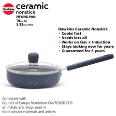 Hawkins Ceramic Nonstick Fry Pan, 16 cm Diameter, Induction Fry Pan with Glass Lid, Granite Omlette Egg Pan, (ICF16G)