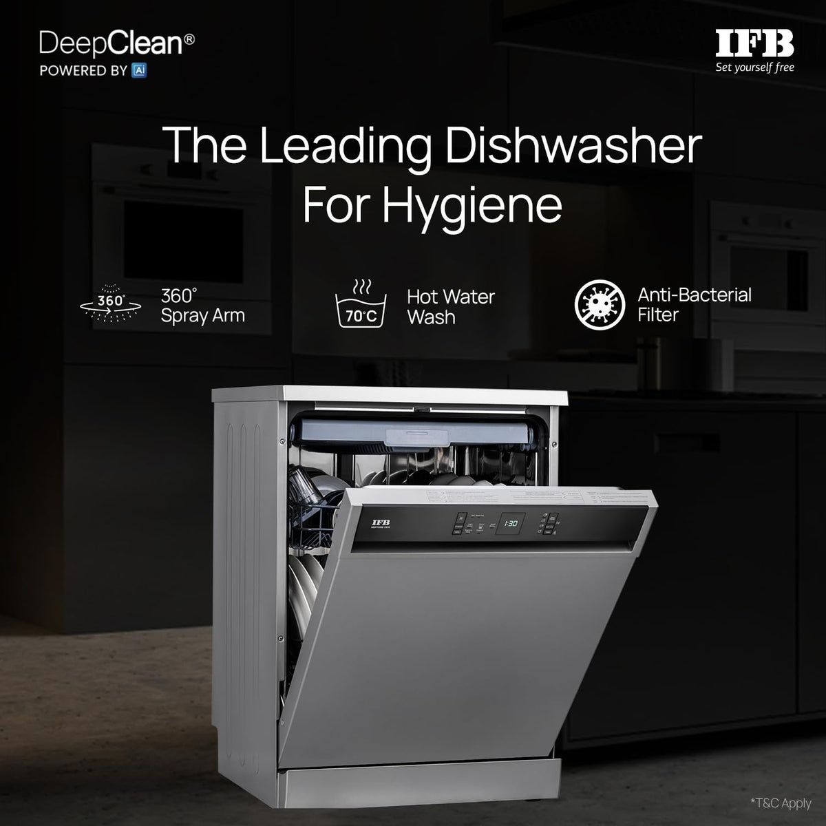 IFB 15 Place Freestanding Dishwasher with DeepClean® Technology, 3rd Cutlery Tray, 70°C Hot Water Wash, Turbo Drying, An