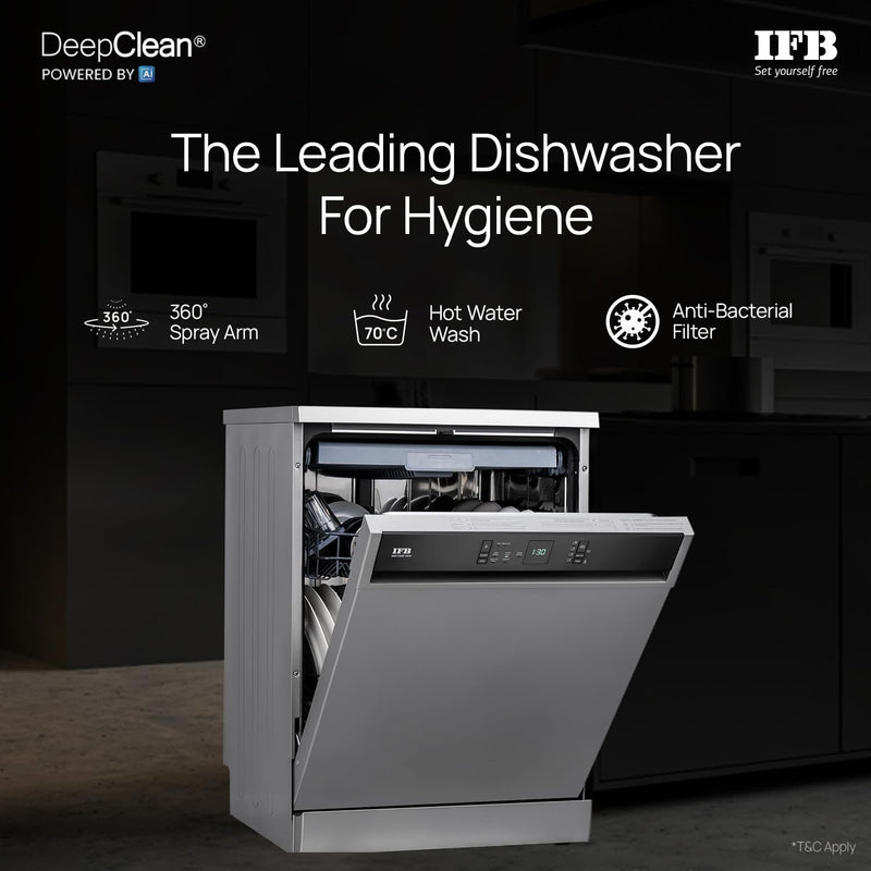 IFB 15 Place Freestanding Dishwasher with DeepClean® Technology, 3rd Cutlery Tray, 70°C Hot Water Wash, Turbo Drying, An