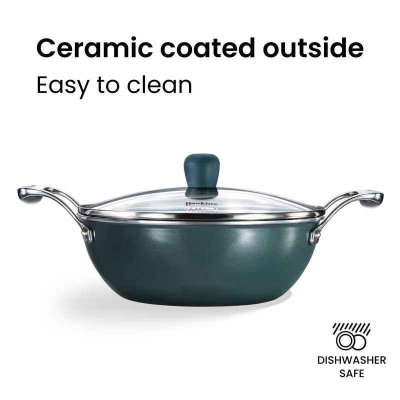 Hawkins Olive Pro 2.5 Litre Deep-Fry Pan, Triply Stainless Steel Kadhai with Stainless Steel Handles and Glass Lid, Green (POSK25G)