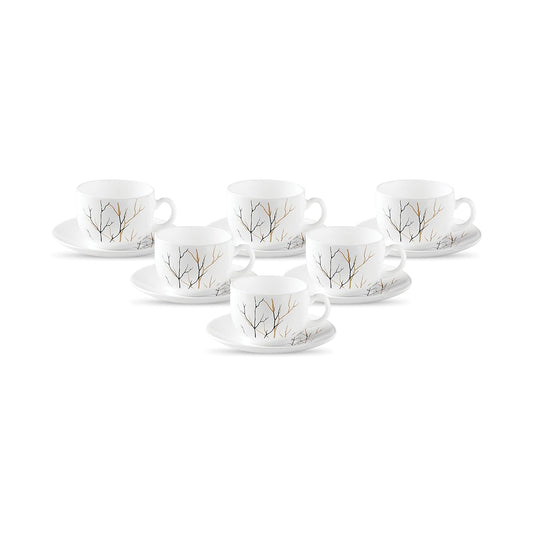 La Opala Diva, Opal Glass Crockery | Cup & Saucer Iris Regular, Set of 12 | Golden Fall, 160 ml | for Tea & Coffee | Microwave Safe | 100% Vegetarian | Extra Strong | Super Light | Super White
