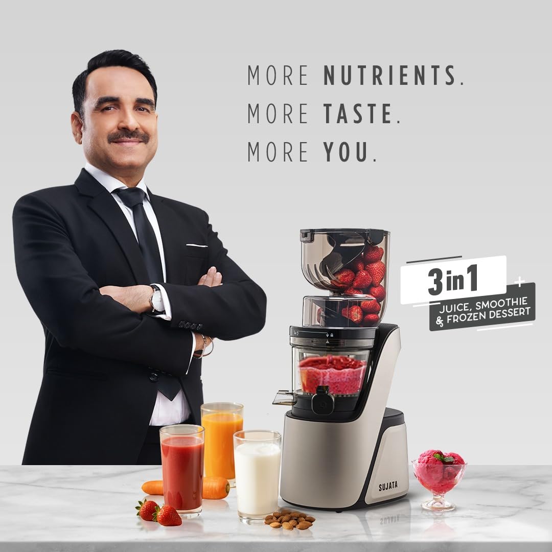 Sujata Cold Pressed Slow Juicer SJ01 | Ideal for Fruit, Vegetable Juices, Nut Milks, Smoothies & Frozen Desserts | Dual Feeding Chute | Reverse Function | Magnetic Safety Lock