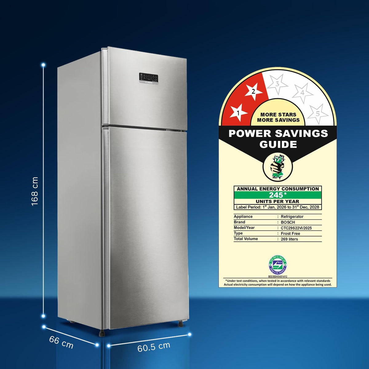 Bosch 269L, 2 Star, Frost Free Double Door Refrigerator (CTC29S22VI)-3