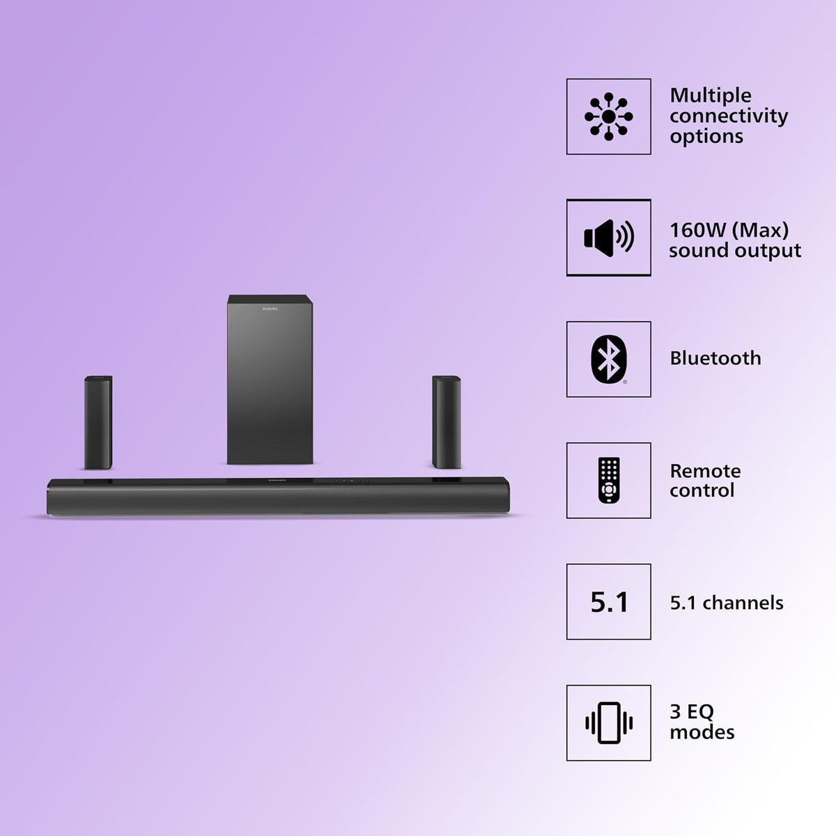 Philips Audio TAB4529/94 5.1 Channel Soundbar with Wireless Satellites and Subwoofer, Bass Boost