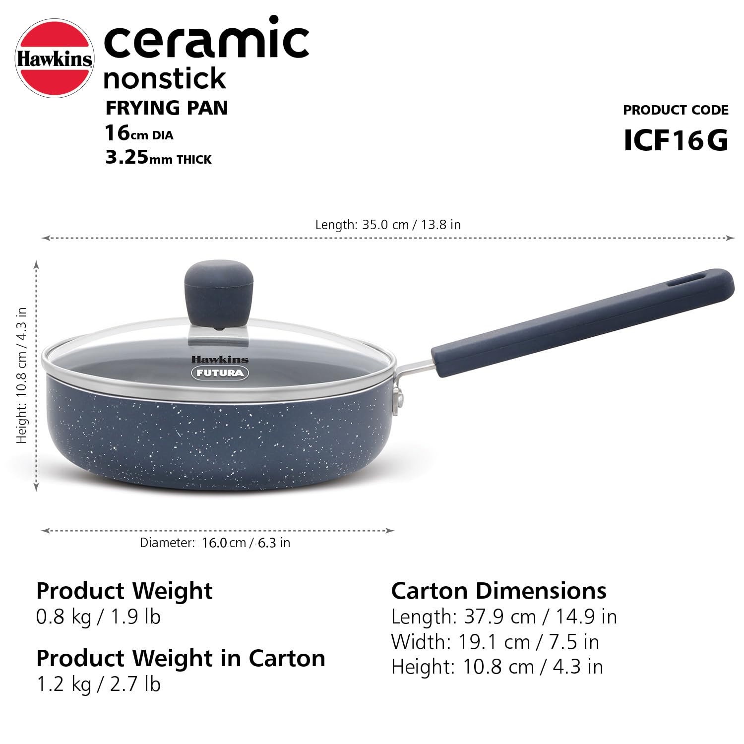Hawkins Ceramic Nonstick Fry Pan, 16 cm Diameter, Induction Fry Pan with Glass Lid, Granite Omlette Egg Pan, (ICF16G)