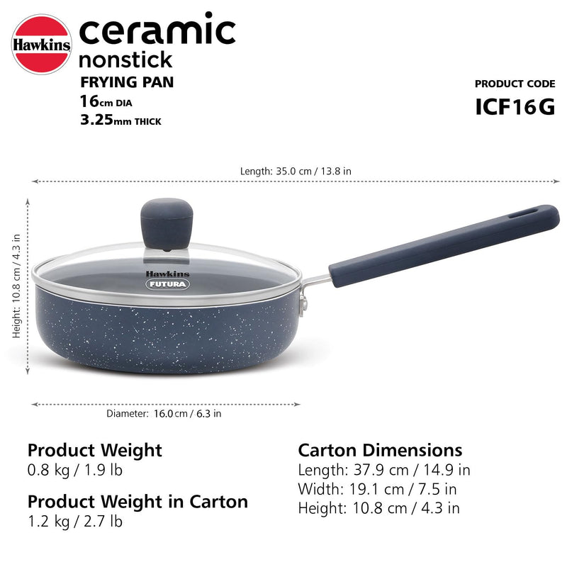 Hawkins Ceramic Nonstick Fry Pan, 16 cm Diameter, Induction Fry Pan with Glass Lid, Granite Omlette Egg Pan, (ICF16G)