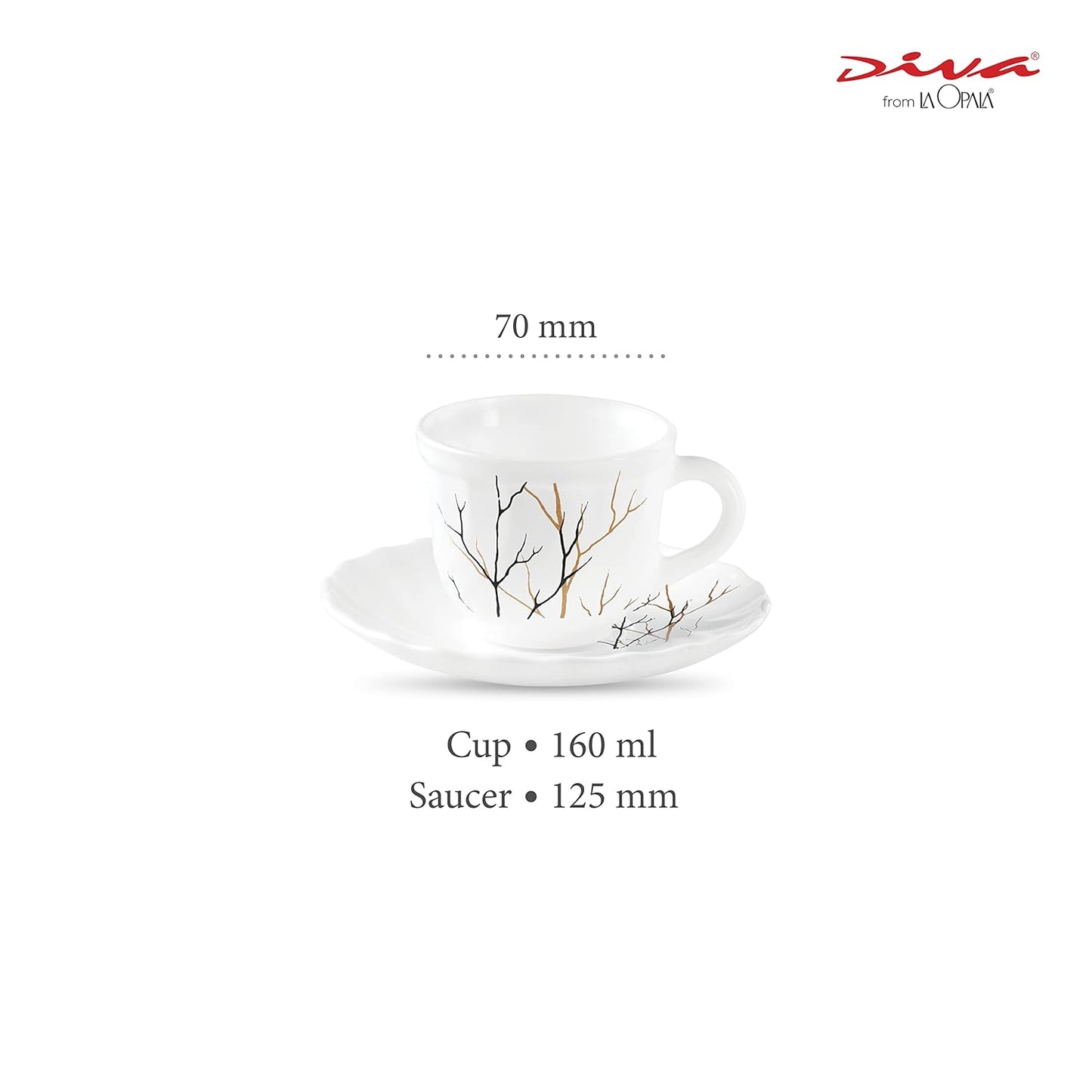 La Opala Diva, Opal Glass Crockery | Cup & Saucer Tulip Regular, Set of 12 | Golden Fall, 160 ml | for Tea & Coffee | Microwave Safe | 100% Vegetarian | Extra Strong | Super Light | Super White