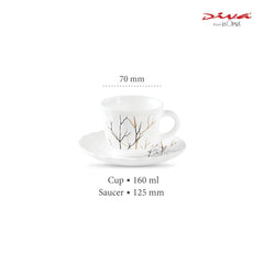 La Opala Diva, Opal Glass Crockery | Cup & Saucer Tulip Regular, Set of 12 | Golden Fall, 160 ml | for Tea & Coffee | Microwave Safe | 100% Vegetarian | Extra Strong | Super Light | Super White