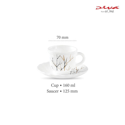 La Opala Diva, Opal Glass Crockery | Cup & Saucer Tulip Regular, Set of 12 | Golden Fall, 160 ml | for Tea & Coffee | Microwave Safe | 100% Vegetarian | Extra Strong | Super Light | Super White