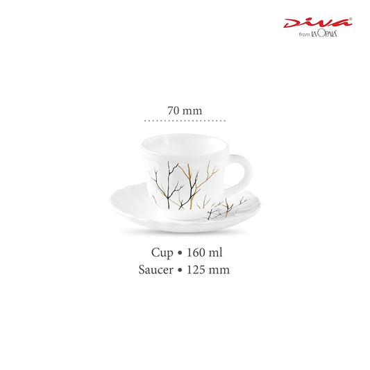 La Opala Diva, Opal Glass Crockery | Cup & Saucer Tulip Regular, Set of 12 | Golden Fall, 160 ml | for Tea & Coffee | Microwave Safe | 100% Vegetarian | Extra Strong | Super Light | Super White