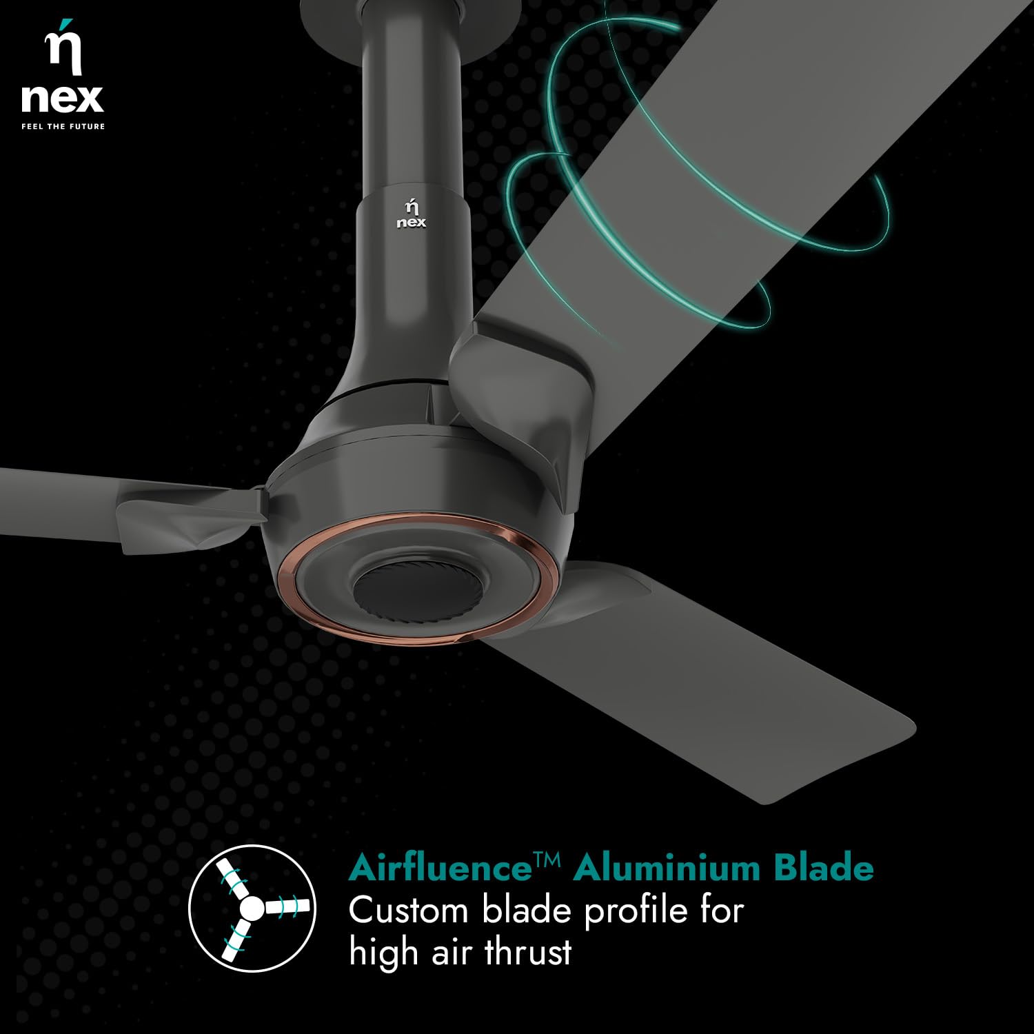 NNEX by BAJAJ Glyde A70 BLDC 1200 MM | BEE 5 Star Rated Premium Ceiling Fan with Remote | 20% Higher Air Thrust* | Airfluence™ Al Blades | 2-Yr Warranty | 5-Yr Motor Warranty 【Granite Grey】