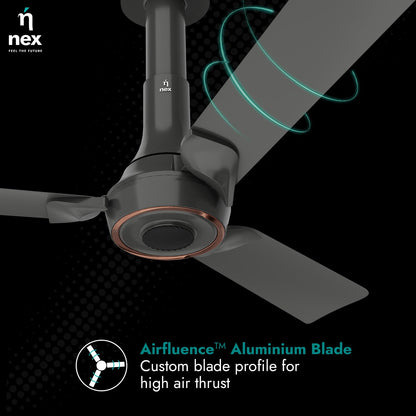 NNEX by BAJAJ Glyde A70 BLDC 1200 MM | BEE 5 Star Rated Premium Ceiling Fan with Remote | 20% Higher Air Thrust* | Airfluence™ Al Blades | 2-Yr Warranty | 5-Yr Motor Warranty 【Granite Grey】