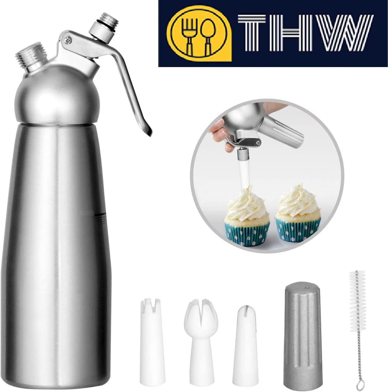 THW® Aluminium Cream Whipper | Professional Whipped Cream Dispenser Canister - 500 mL | Ideal for Home, Café, Hotel & Restaurant Use | Includes 3 Nozzles, Charger Holder & Whipper Valve Brush